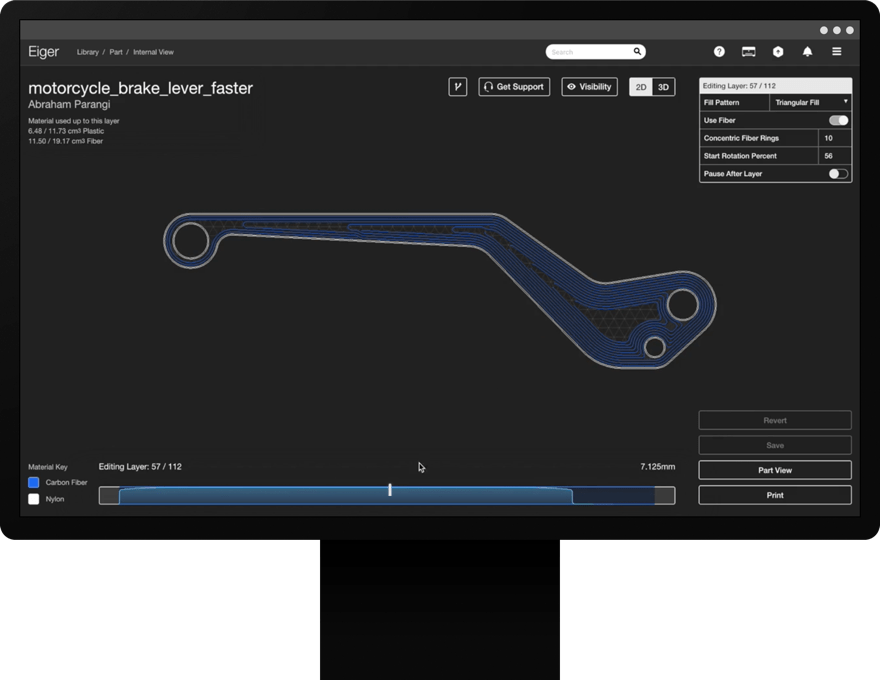 Logiciel Markforged Eiger levier de frein